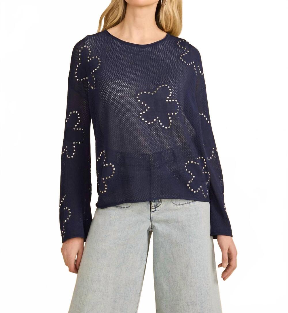 NEW FDJ women's fine gauge embellished sweater in navy